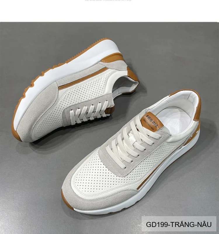 GD199 - Giày thể thao nam casual da thật đục lỗ thoáng khí, phối màu trắng nâu, mẫu mới 2026 - ảnh 8