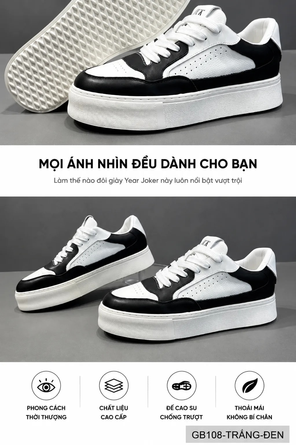 GB108 - Giày thể thao đế dày nam phong cách Hàn Quốc, phối màu trắng đen thời thượng - ảnh 5