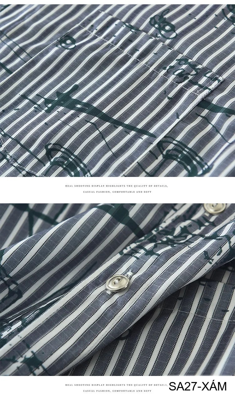 SA27 - Áo sơ mi nam ngắn tay họa tiết sọc và vẽ tay phong cách streetwear, chất liệu polyester mềm mại, form rộng thoải mái - ảnh 9