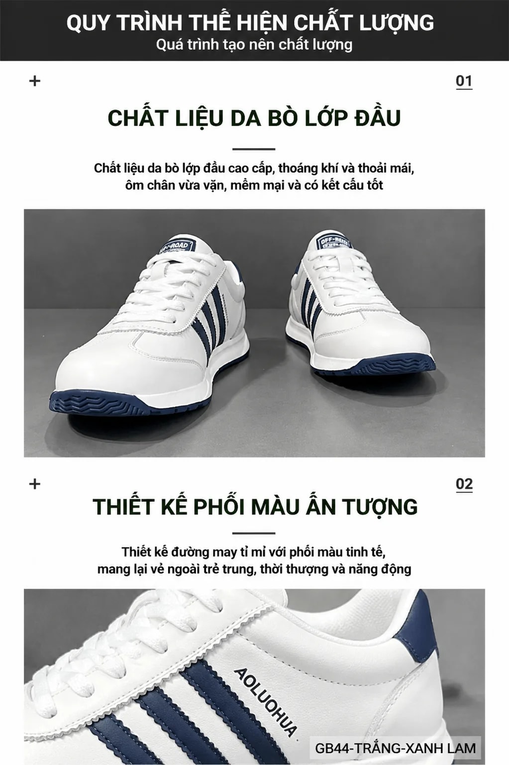 GB44 - Giày Thể Thao Nam Phong Cách Retro Da Bò Trắng Kẻ Sọc Xanh Lam Nâu - ảnh 7