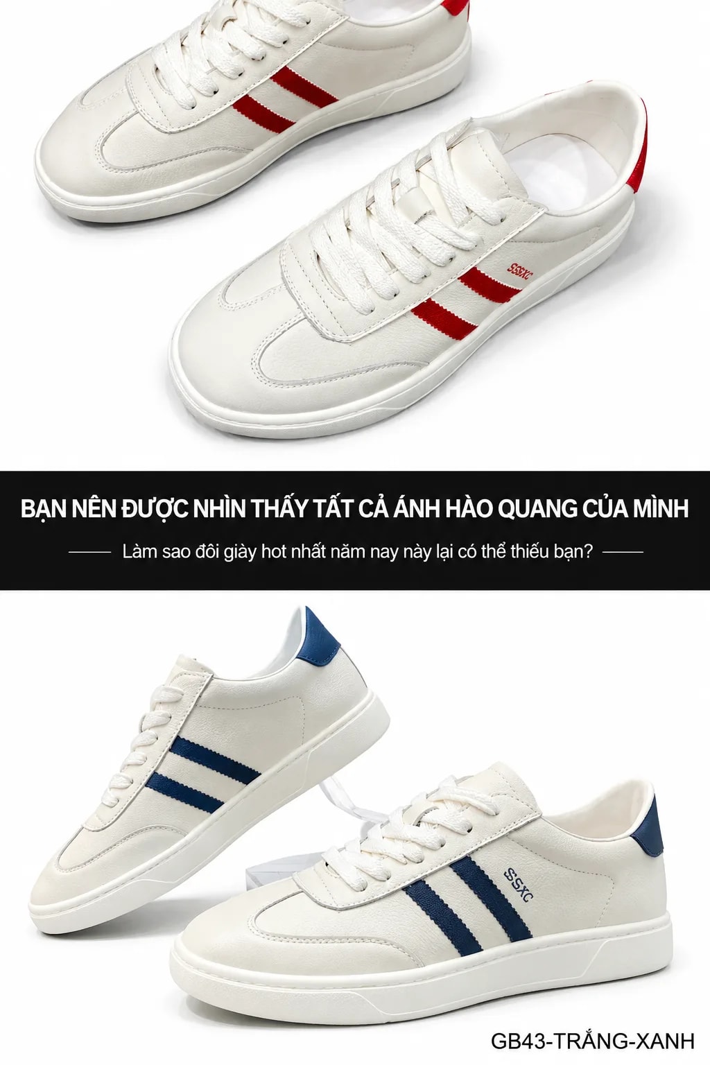 GB43 - Giày thể thao nam cổ thấp da thật trắng phối màu xanh đỏ, thiết kế trẻ trung năng động - ảnh 5