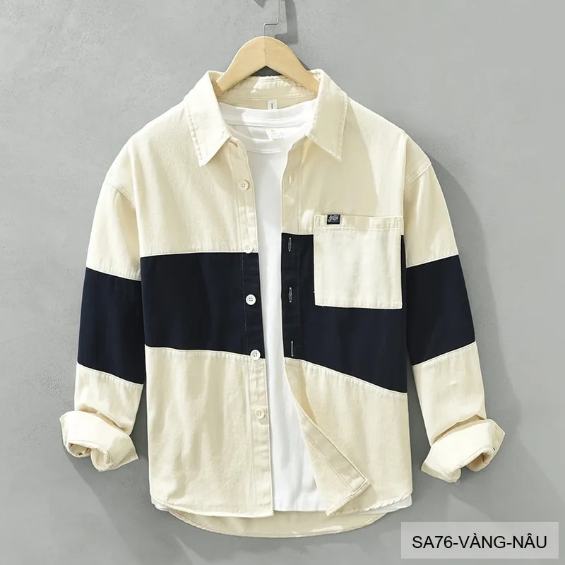 SA76 - Áo sơ mi nam tay dài phối màu tương phản phong cách Nhật Bản chất cotton thoải mái