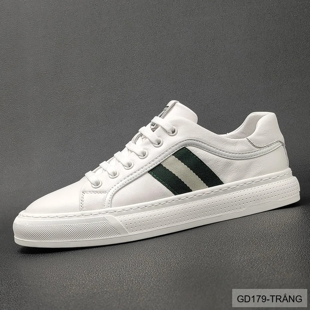 GD179 - Giày Sneaker Nam Da Thật Phong Cách Châu Âu, Mũi Tròn Đế Bằng, Màu Trắng Đen - ảnh 3
