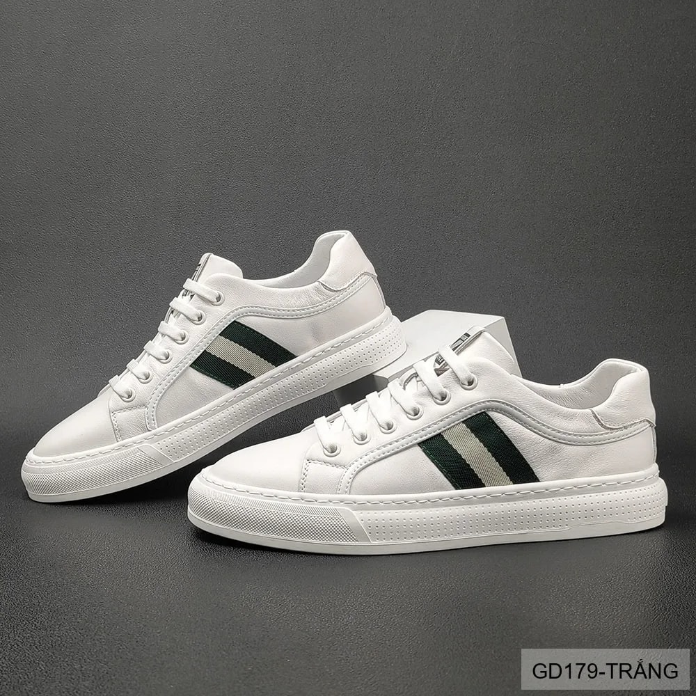GD179 - Giày Sneaker Nam Da Thật Phong Cách Châu Âu, Mũi Tròn Đế Bằng, Màu Trắng Đen - ảnh 4