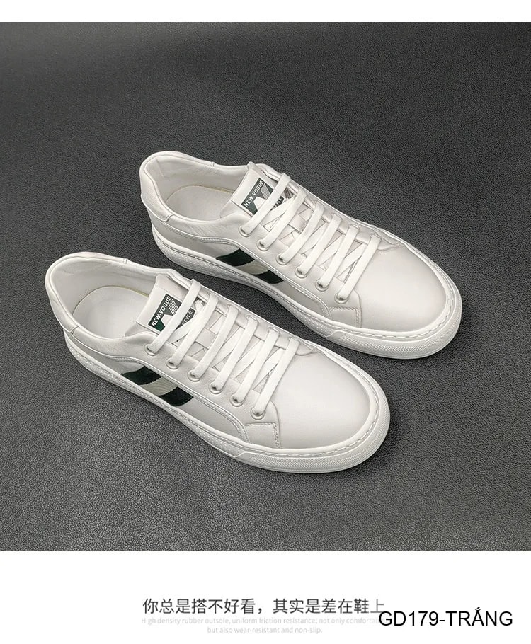 GD179 - Giày Sneaker Nam Da Thật Phong Cách Châu Âu, Mũi Tròn Đế Bằng, Màu Trắng Đen - ảnh 7