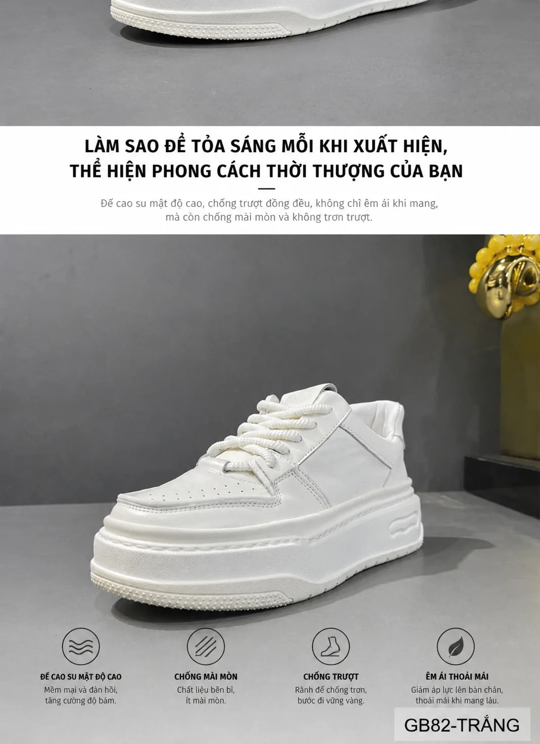 GB82 - Giày thể thao nam đế dày da bò thoáng khí, phong cách retro sang trọng, trắng đen - ảnh 5