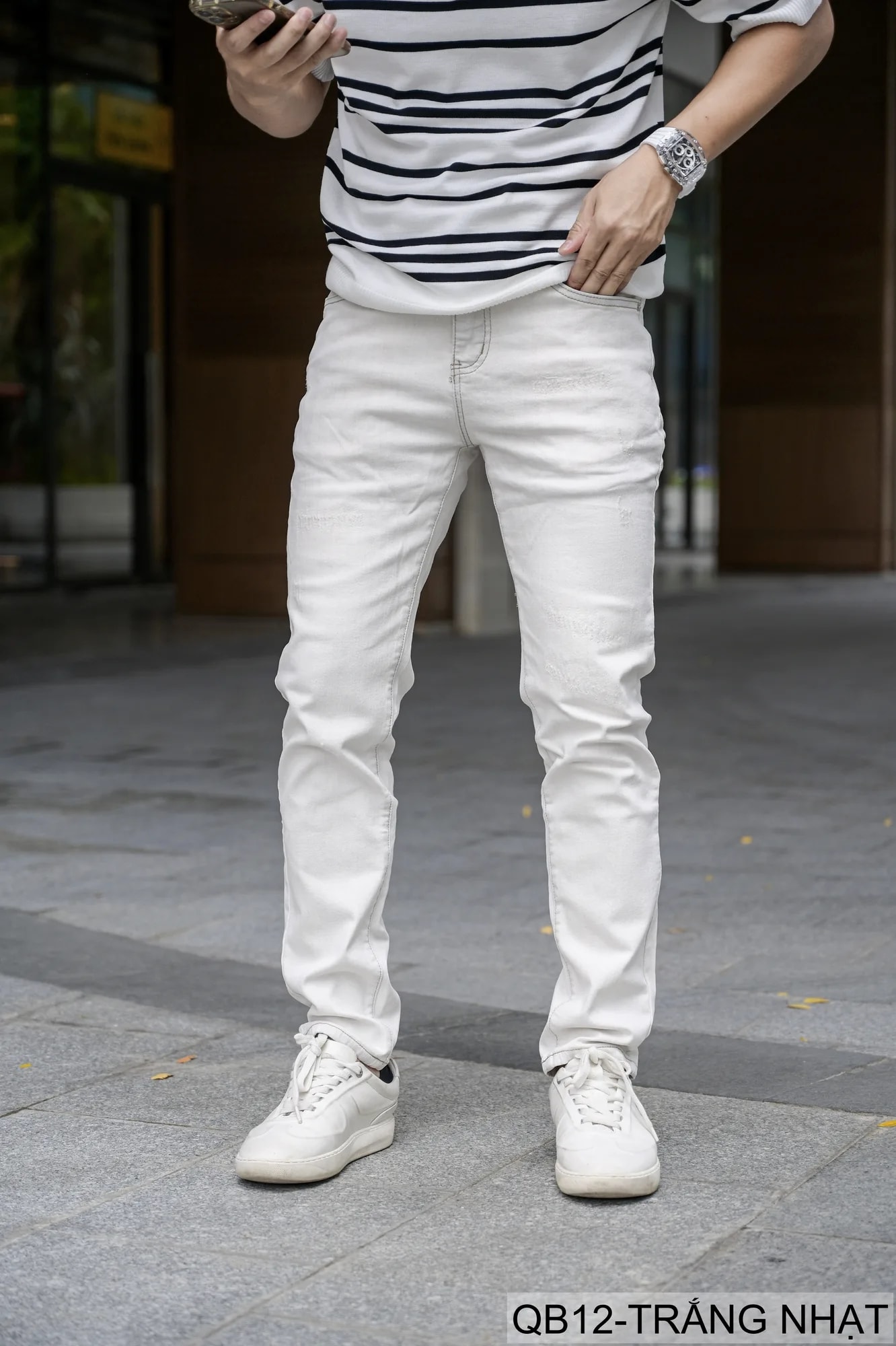 QB12 - Quần Jeans Nam Dáng Ôm Màu Trắng Nhạt Phong Cách Casual Co Giãn Thoải Mái - ảnh 6