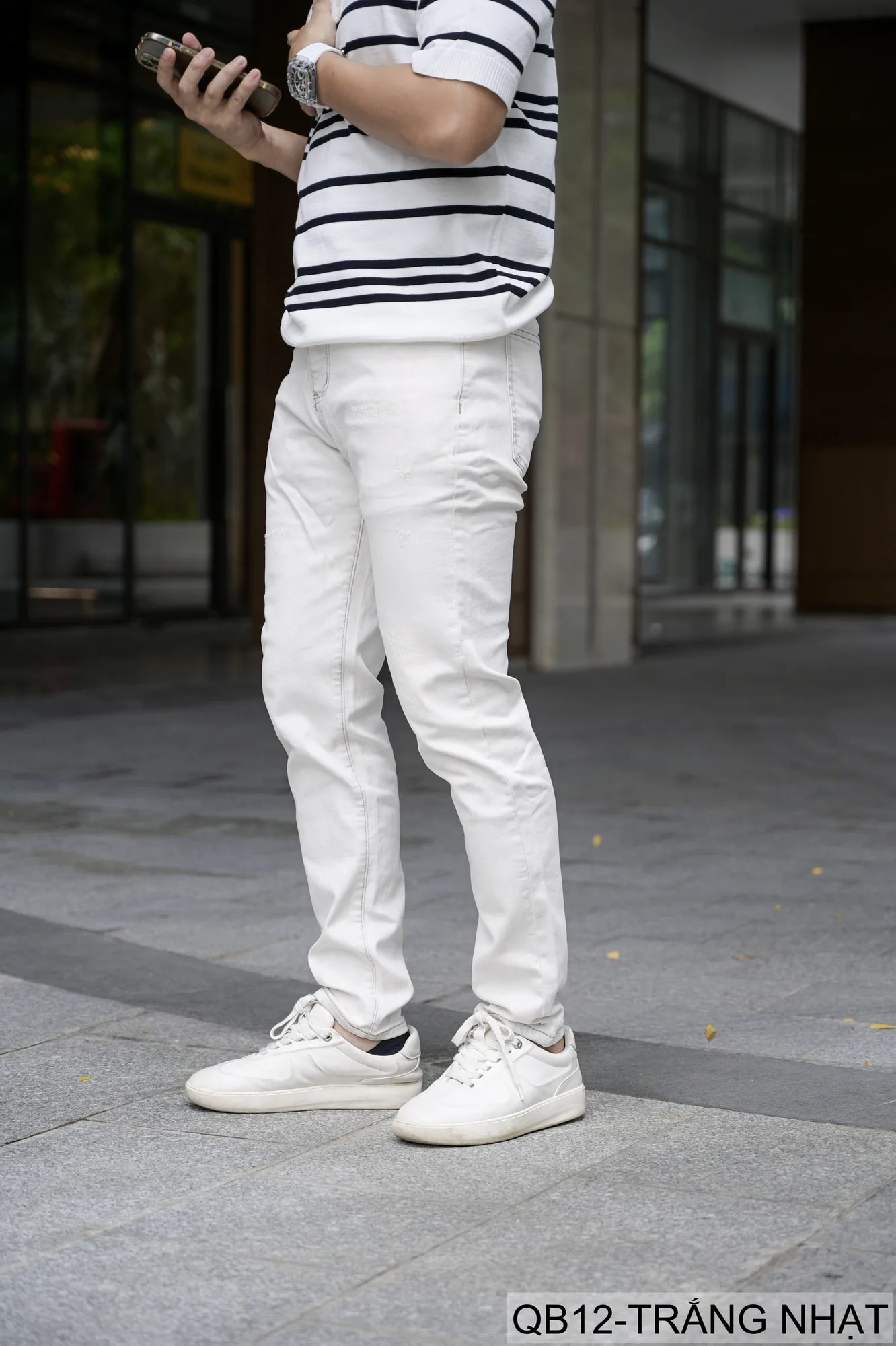 QB12 - Quần Jeans Nam Dáng Ôm Màu Trắng Nhạt Phong Cách Casual Co Giãn Thoải Mái - ảnh 5