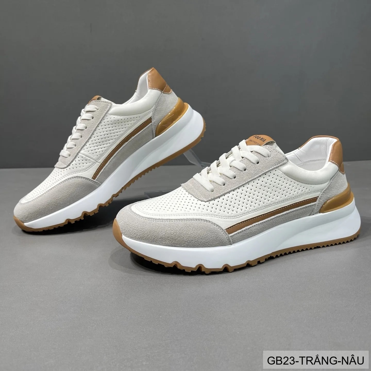 GB23 - Giày thể thao nam da thật đục lỗ phối màu trắng nâu, thoáng khí, thời trang đa năng - ảnh 5