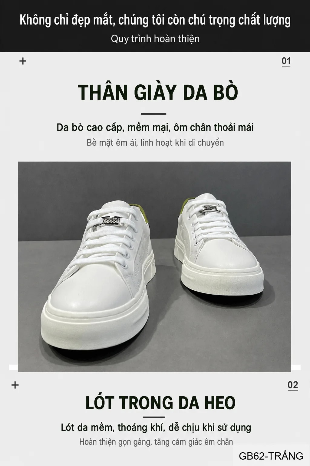 GB62 - Giày thể thao nam đế bằng họa tiết nổi, phối màu trắng đen sang trọng - ảnh 5