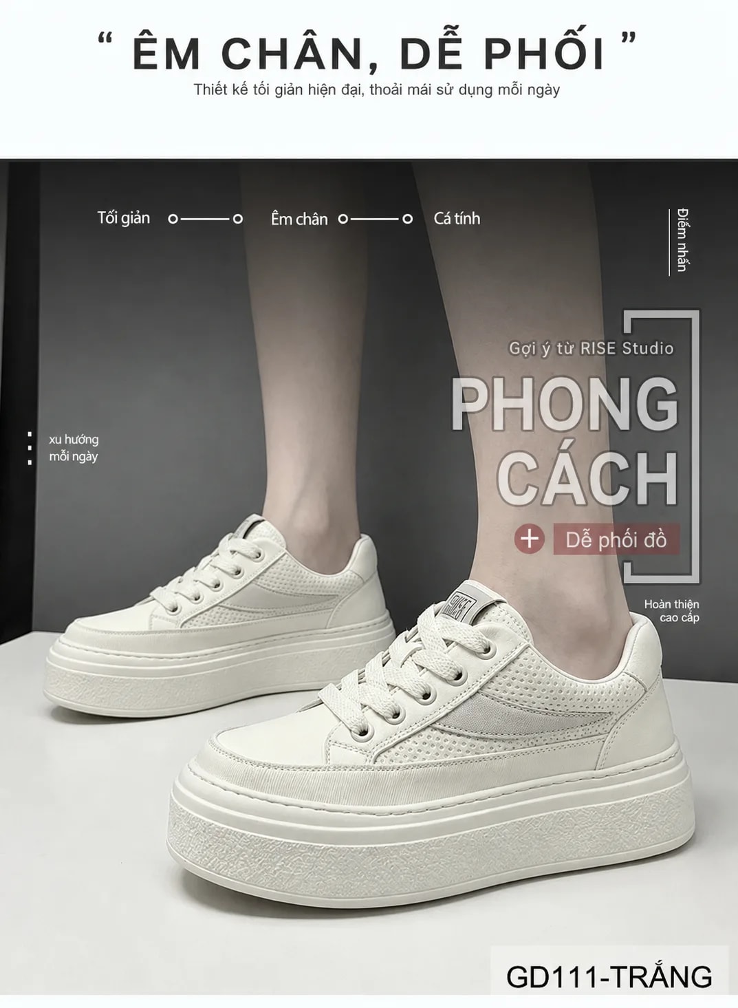 GD111 - Giày thể thao nam da bò cao cấp, đế dày tăng chiều cao, thoáng khí, phối màu trắng đen - ảnh 8