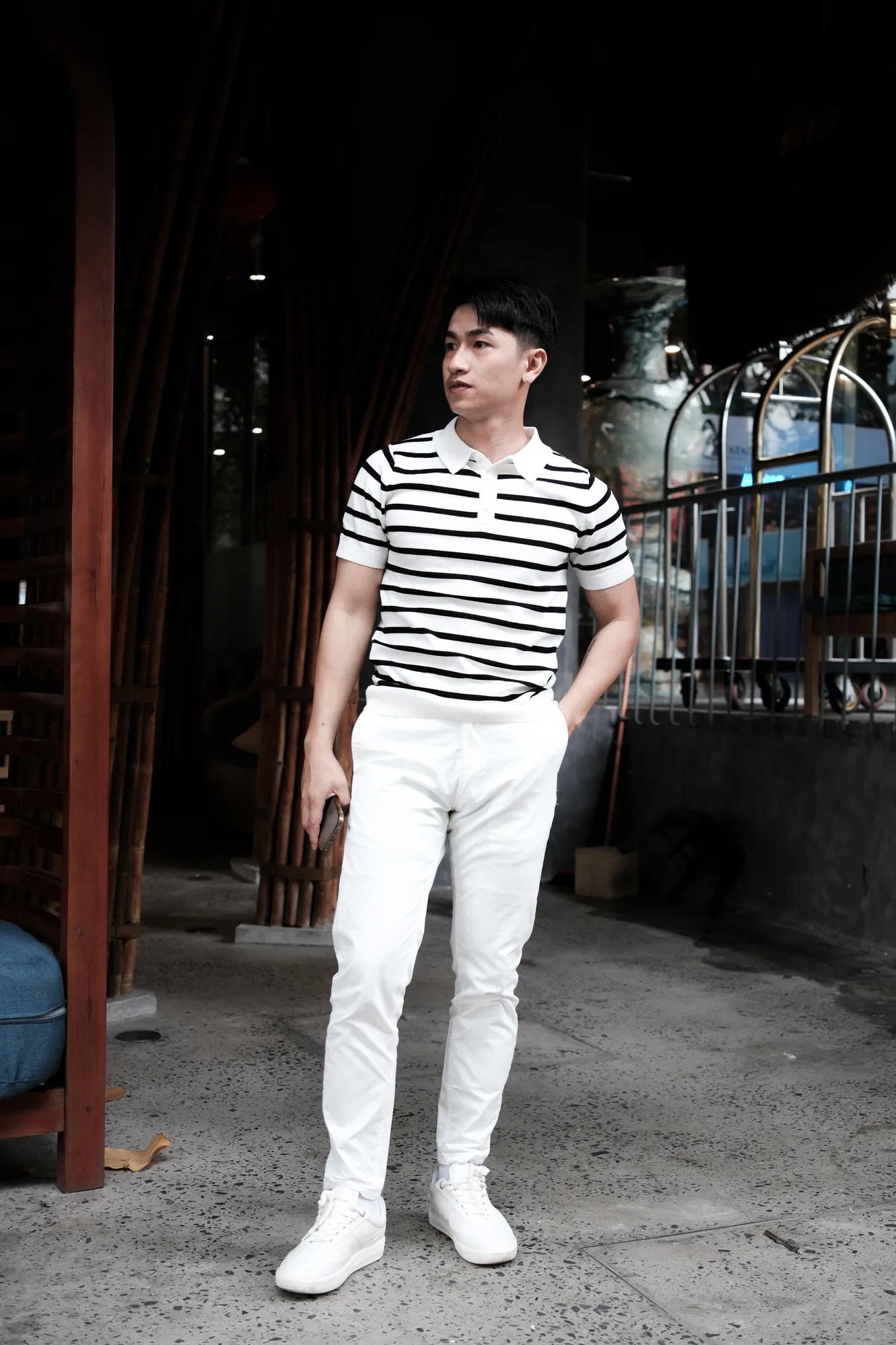 PB1 - Áo Polo Nam Dệt Kim Sọc Đen Trắng Phong Cách Retro Mùa Hè - ảnh 2