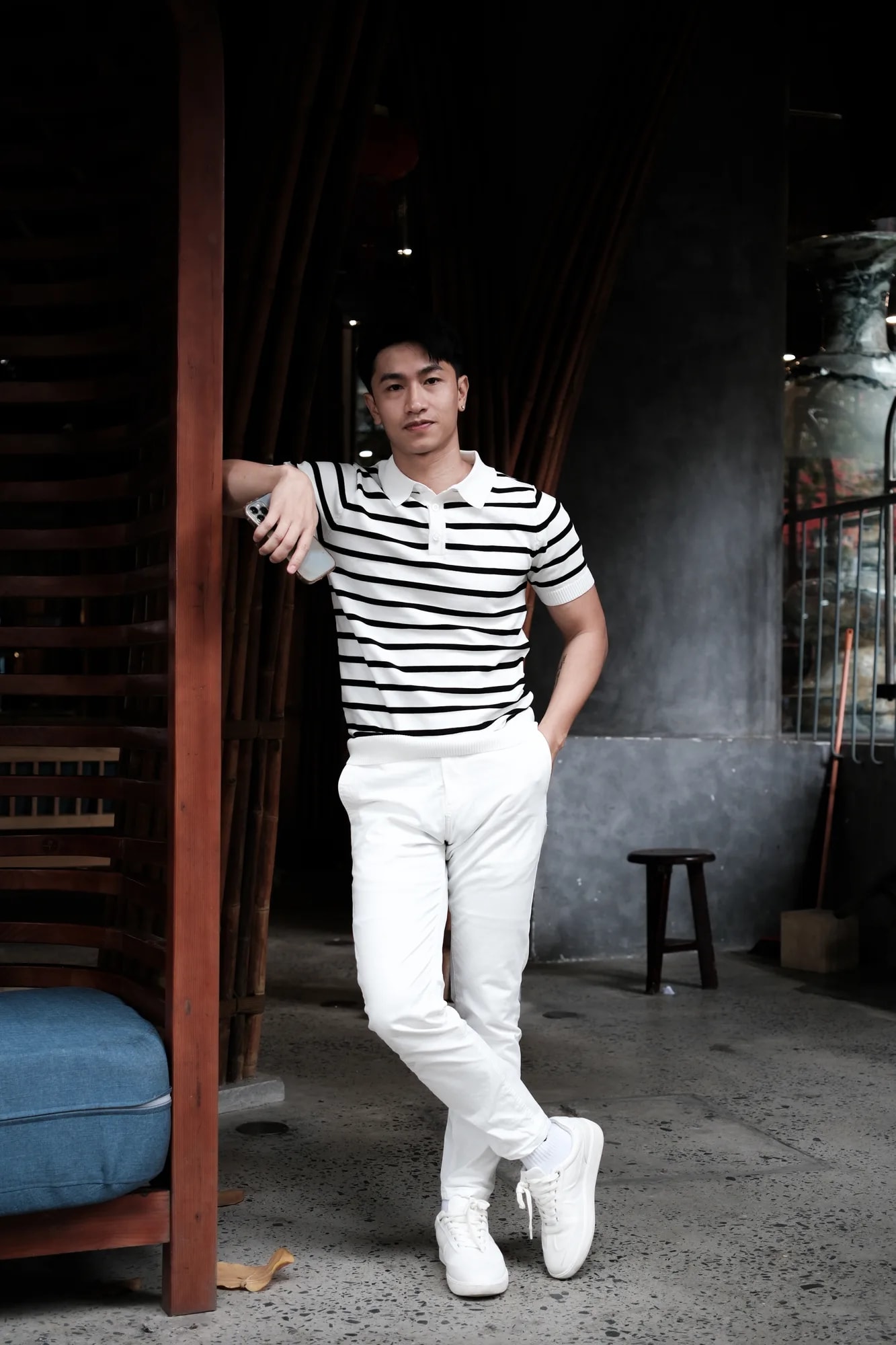 PB1 - Áo Polo Nam Dệt Kim Sọc Đen Trắng Phong Cách Retro Mùa Hè - ảnh 4