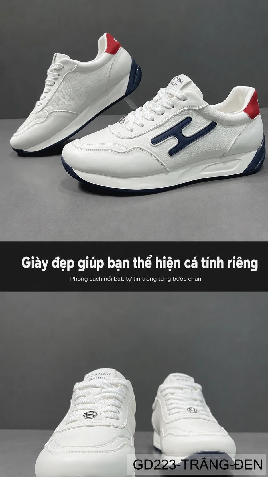 GD223 - Giày thể thao nam da thật cổ thấp phong cách châu Âu, thiết kế chữ H nổi bật, phối màu Trắng - Đen - ảnh 5