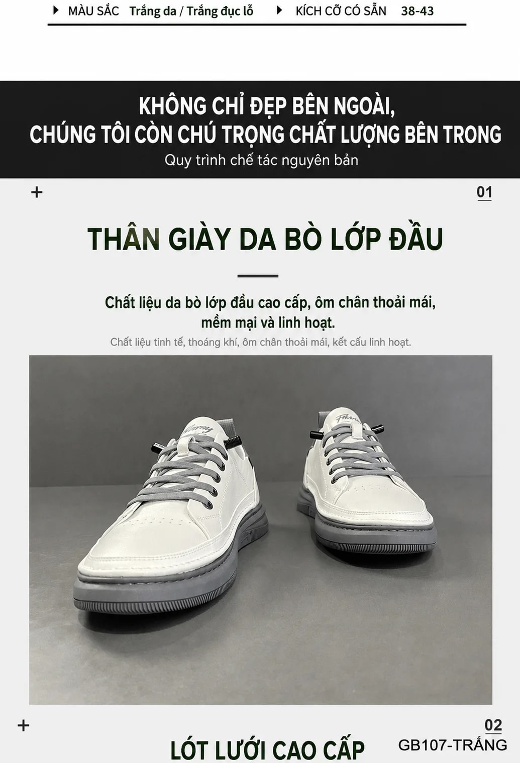 GB107 - Giày nam da thật đế bằng cổ thấp phong cách châu Âu, phối màu trắng sang trọng - ảnh 8