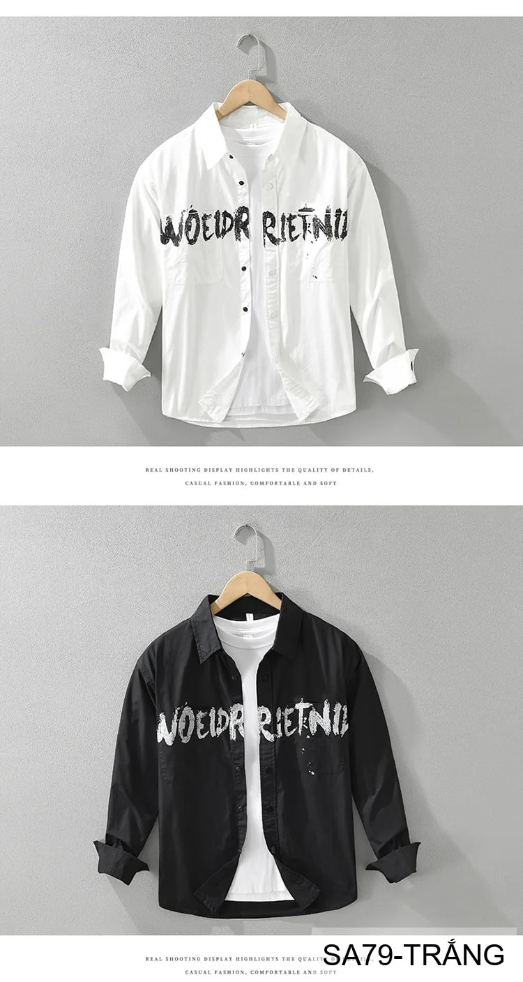 SA79 - Áo sơ mi nam tay dài phong cách streetwear in chữ nghệ thuật, chất cotton mềm mại, form rộng thoải mái - ảnh 4