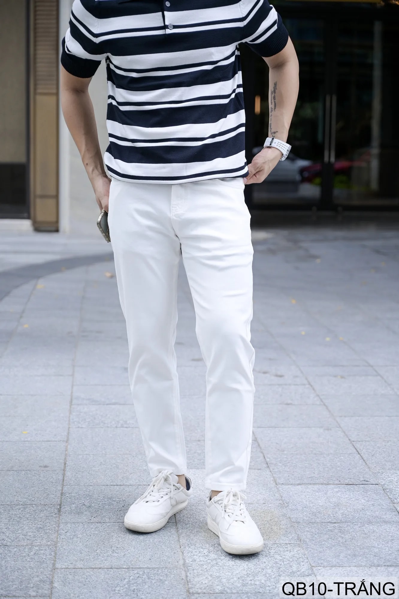 QB10 - Quần jeans nam ống nhỏ co giãn, màu trắng đen, phong cách basic mùa thu - ảnh 7