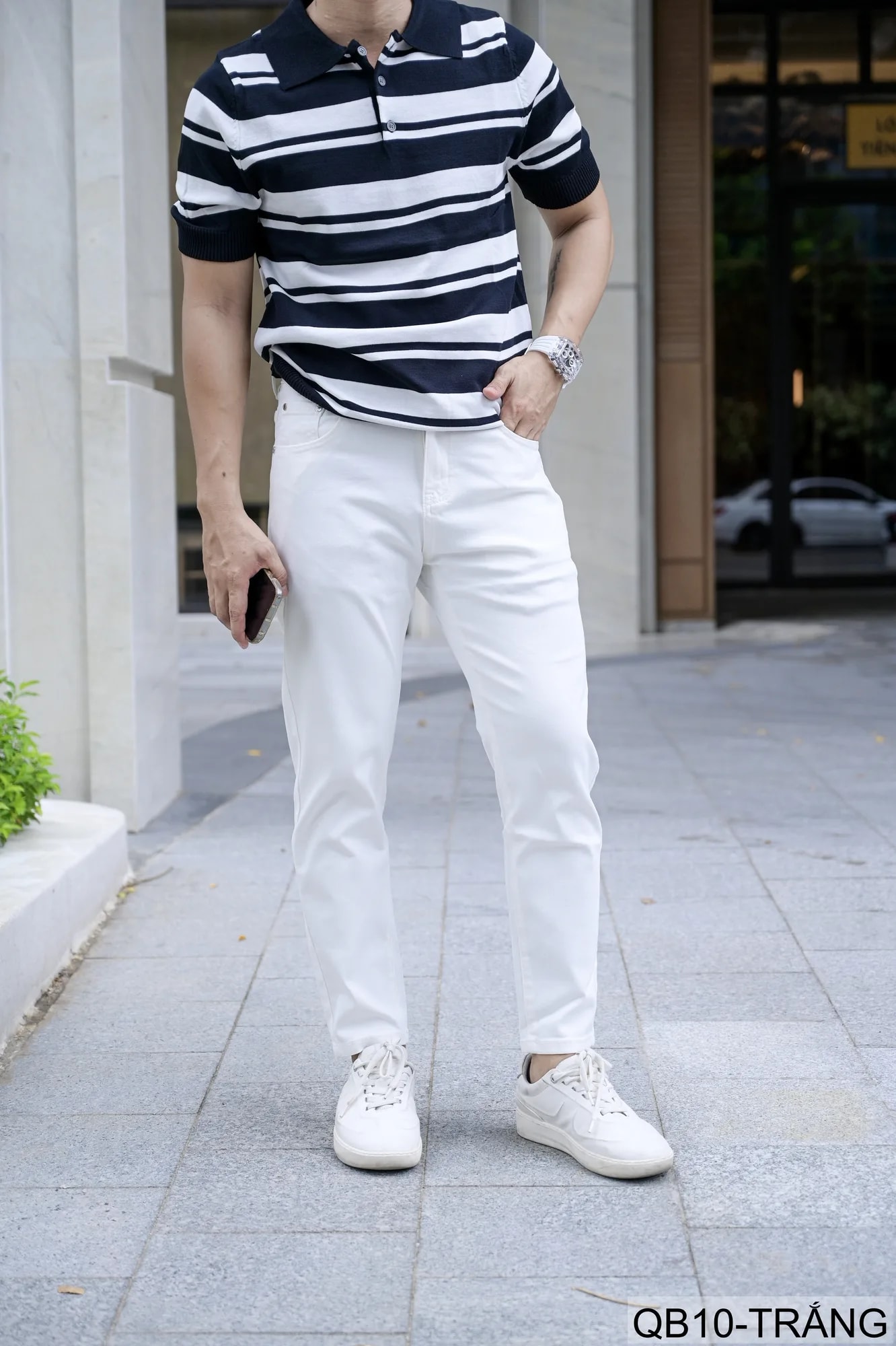 QB10 - Quần jeans nam ống nhỏ co giãn, màu trắng đen, phong cách basic mùa thu - ảnh 3