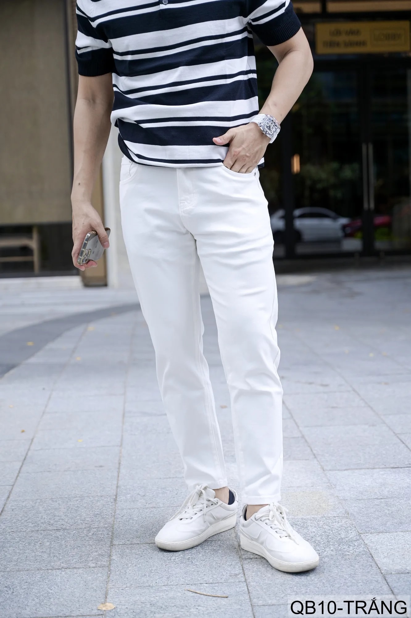 QB10 - Quần jeans nam ống nhỏ co giãn, màu trắng đen, phong cách basic mùa thu - ảnh 5