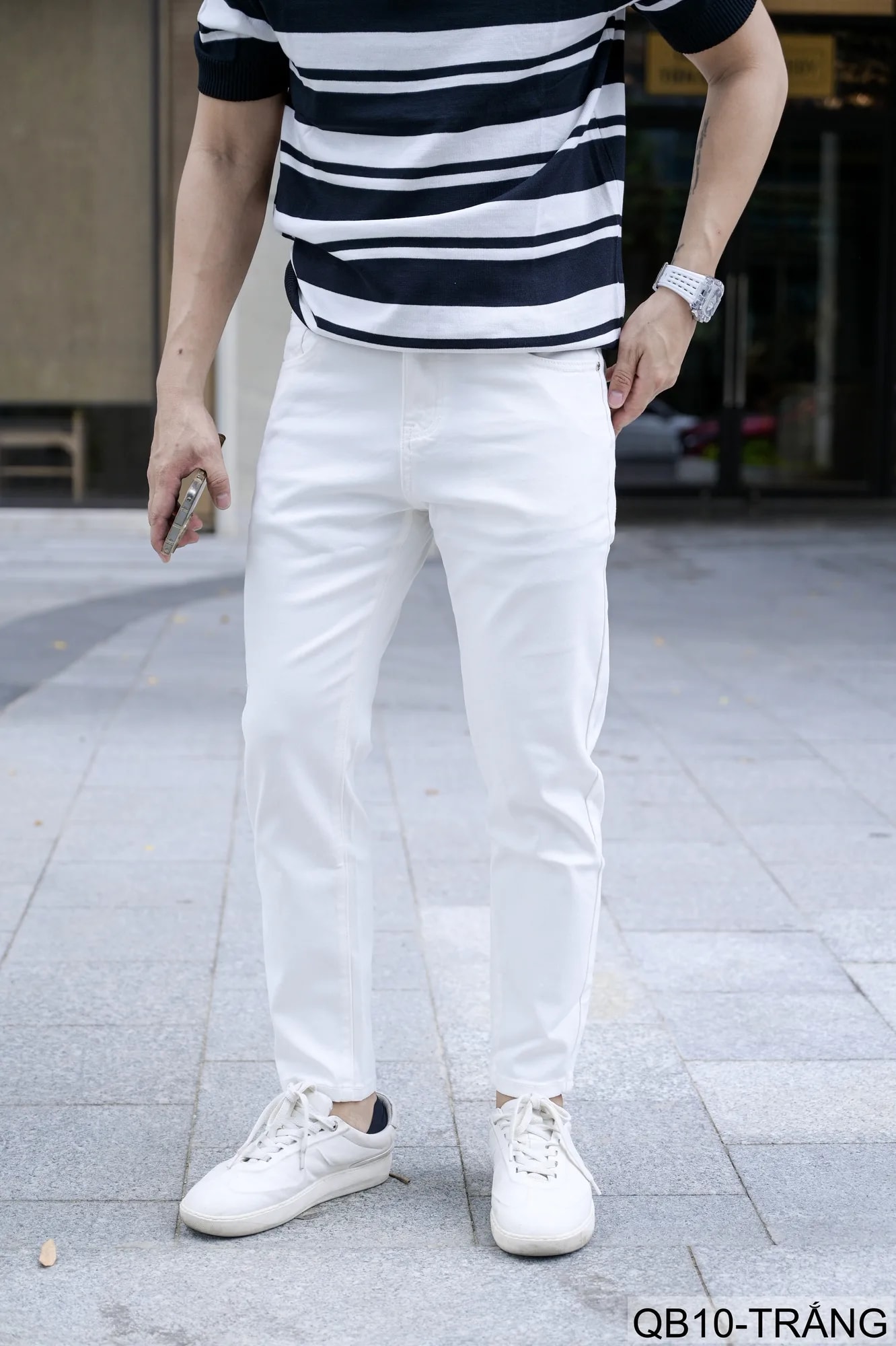 QB10 - Quần jeans nam ống nhỏ co giãn, màu trắng đen, phong cách basic mùa thu - ảnh 2