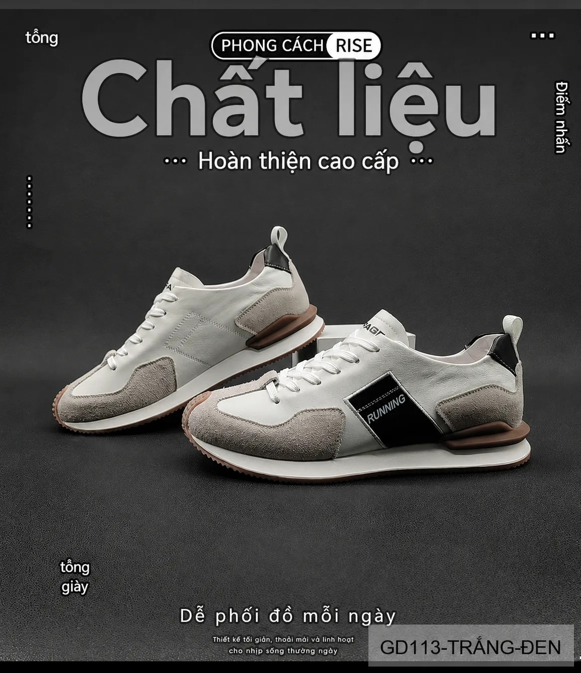 GD113 - Giày thể thao nam da thật phong cách Châu Âu, mũi tròn, đế dày, phối màu trắng đen thời thượng - ảnh 7