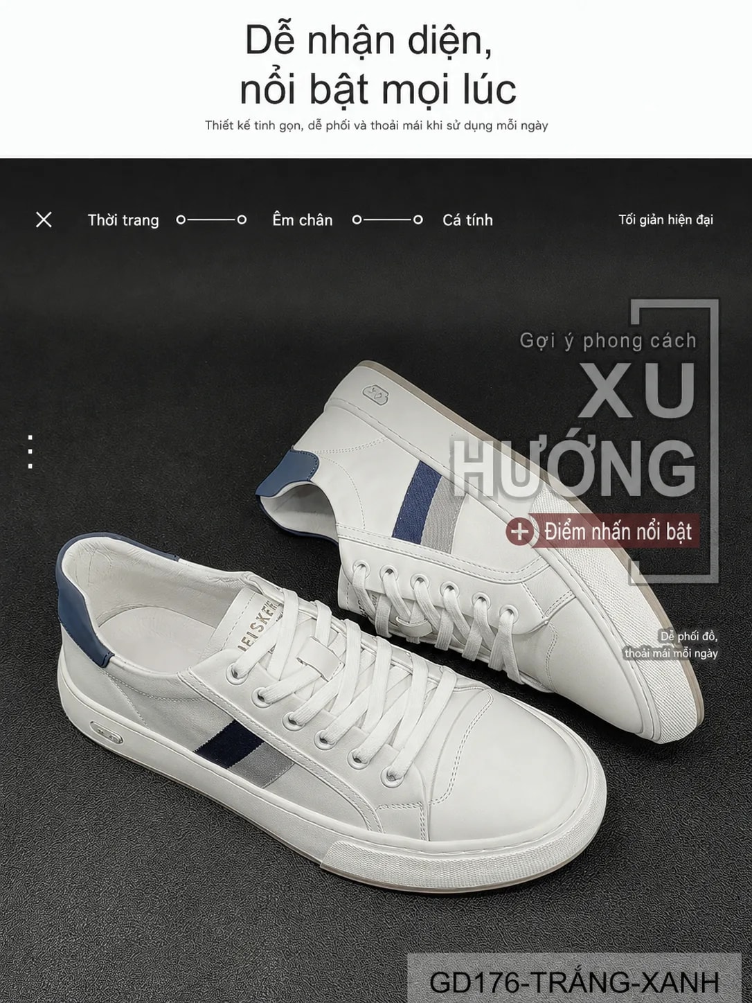 GD176 - Giày thể thao nam trắng phối xanh phong cách Hàn, da bò mềm, đế cao su êm chân - ảnh 9