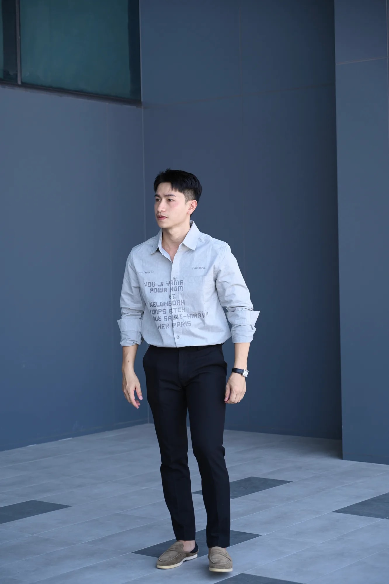 SA21 - Áo sơ mi nam dáng rộng phong cách Nhật Bản, cổ bẻ, tay dài, họa tiết chữ, chất cotton mềm mại - ảnh 9