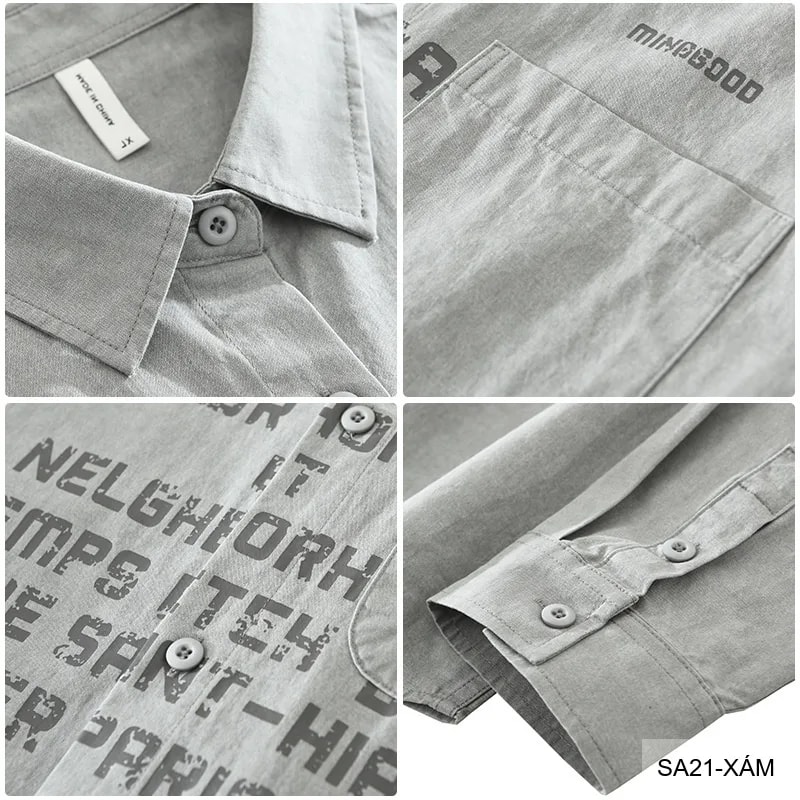 SA21 - Áo sơ mi nam dáng rộng phong cách Nhật Bản, cổ bẻ, tay dài, họa tiết chữ, chất cotton mềm mại - ảnh 10