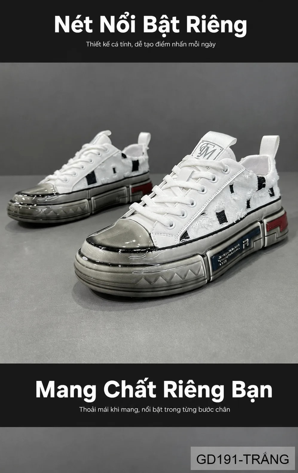 GD191 - Giày nam thời trang đế dày phong cách dad shoes, da thật, phối màu trắng đen - ảnh 5
