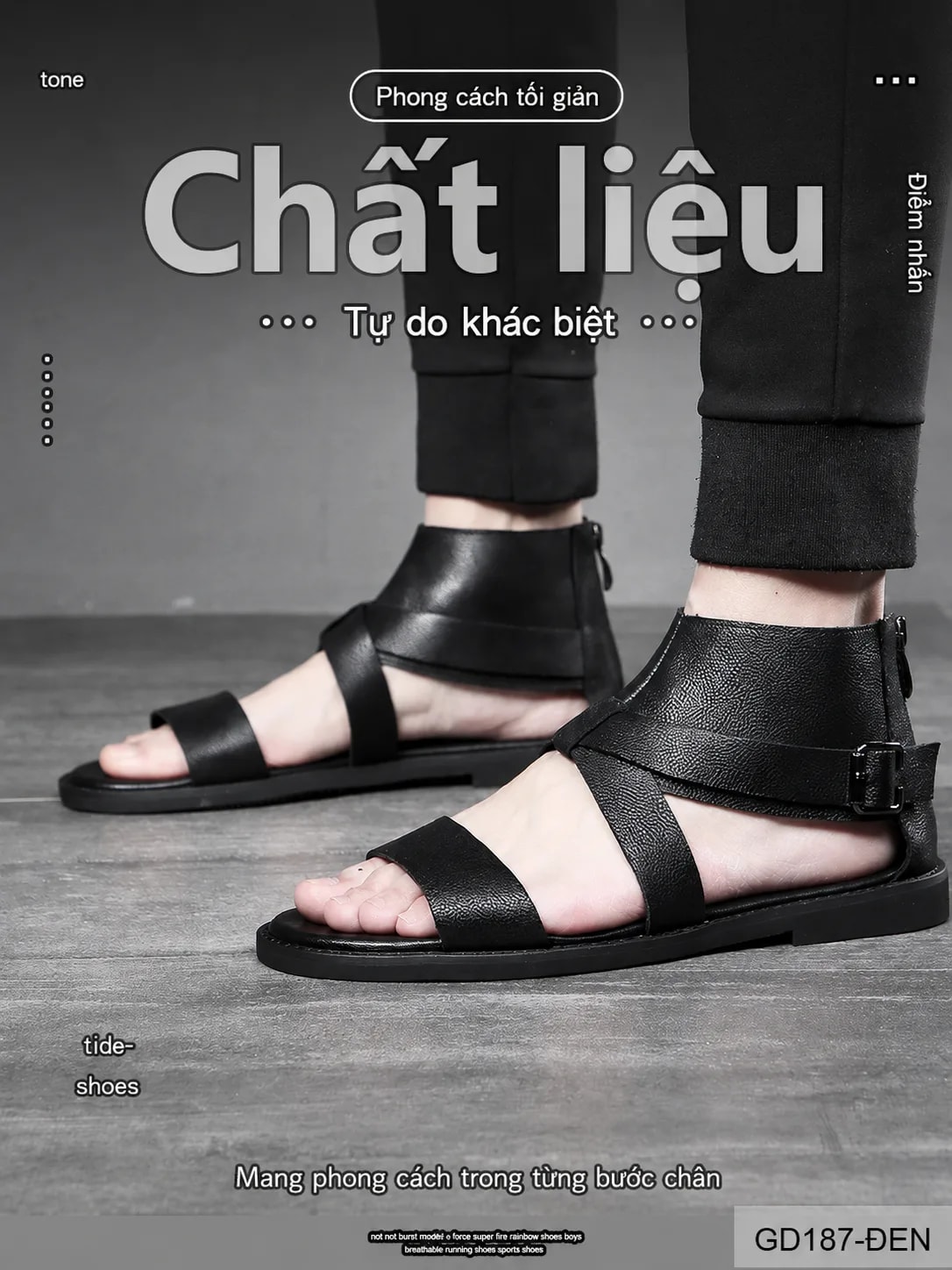 GD187 - Dép nam da thật kiểu La Mã thời trang, đi biển, đi ngoài trời, màu đen - ảnh 9