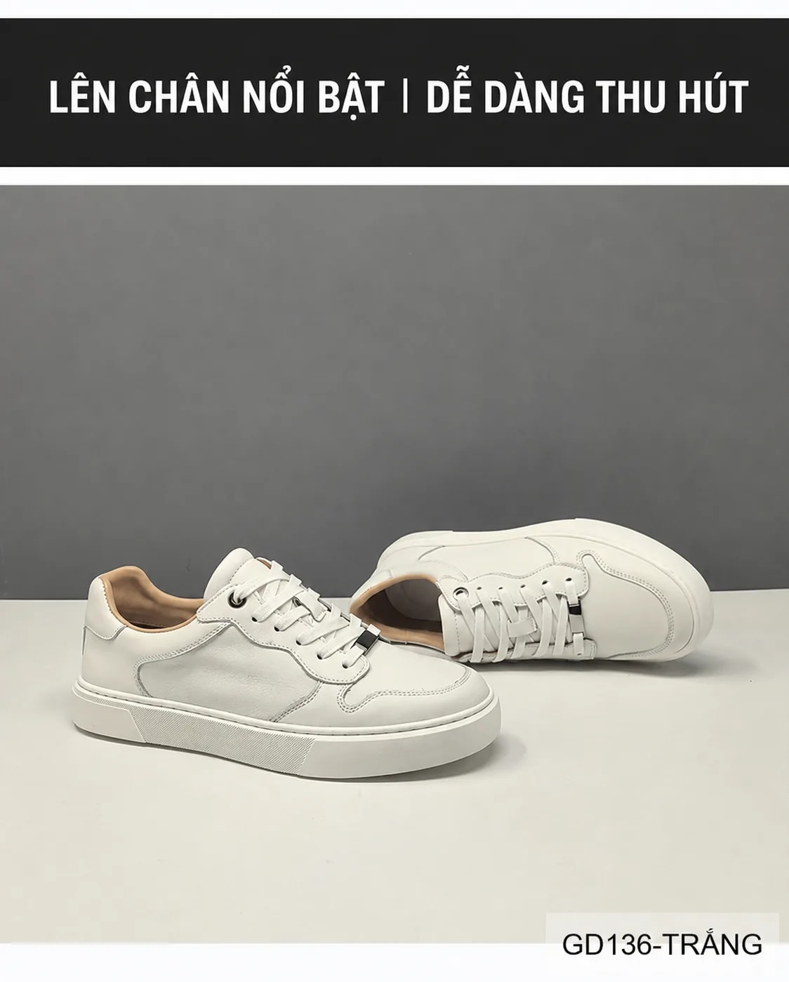 GD136 - Giày thể thao nam da thật cổ thấp phong cách Hàn, thoáng khí, phối màu trắng đen - ảnh 7