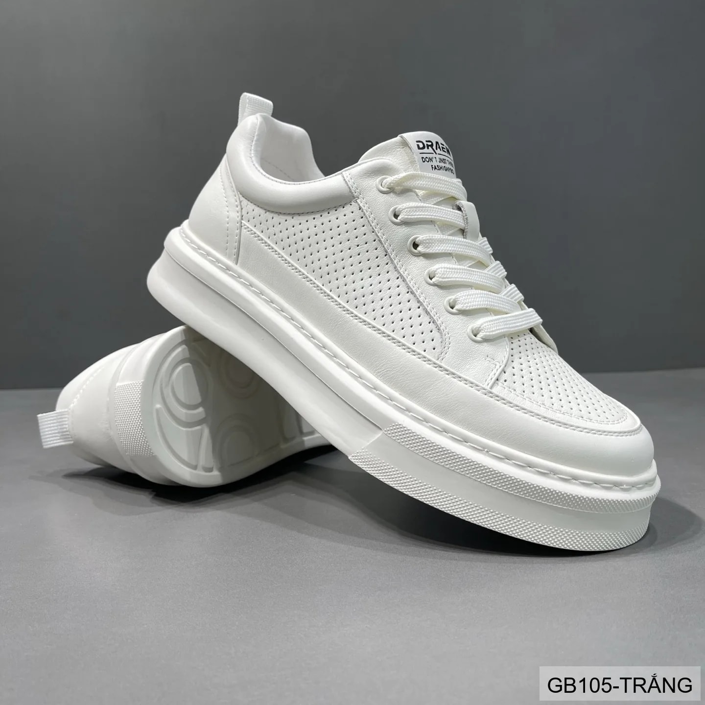 GB105 - Giày thể thao nam trắng đục lỗ, kiểu dad shoes thời trang, da thật thoáng khí, phù hợp sinh viên - ảnh 3