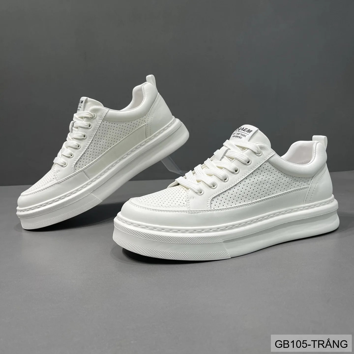 GB105 - Giày thể thao nam trắng đục lỗ, kiểu dad shoes thời trang, da thật thoáng khí, phù hợp sinh viên - ảnh 4