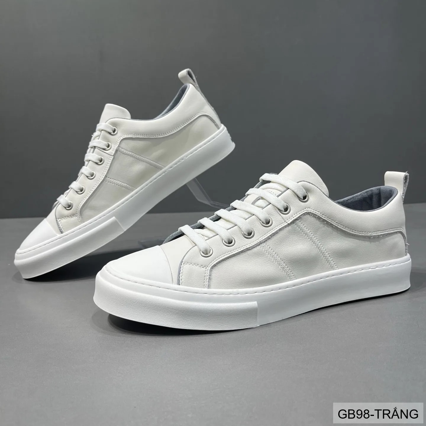 GB98 - Giày thể thao nam da thật cổ thấp phong cách sang trọng, đế trắng thoáng khí, phối màu trắng đen nâu - ảnh 2