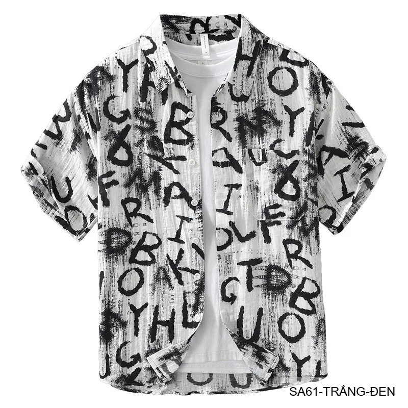 SA61 - Áo sơ mi nam tay ngắn in chữ nghệ thuật, form rộng, chất viscose mát mẻ, phối màu trắng đen - ảnh 8