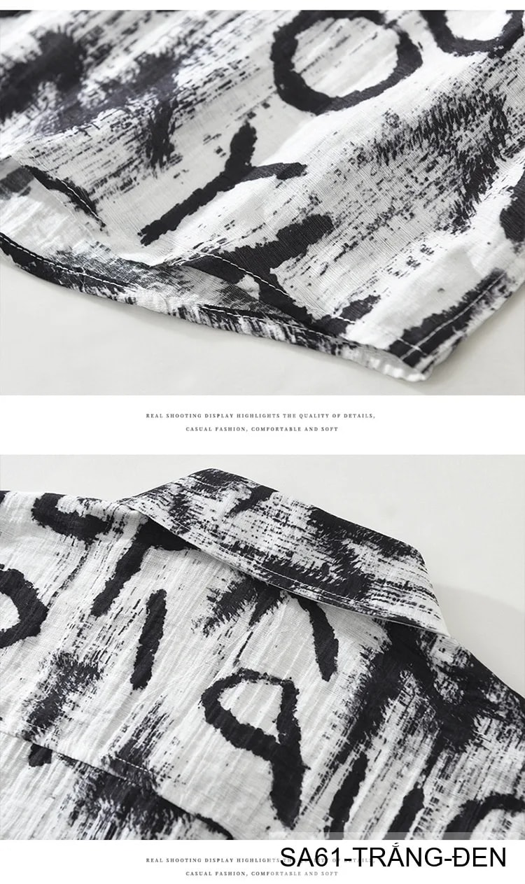 SA61 - Áo sơ mi nam tay ngắn in chữ nghệ thuật, form rộng, chất viscose mát mẻ, phối màu trắng đen - ảnh 9