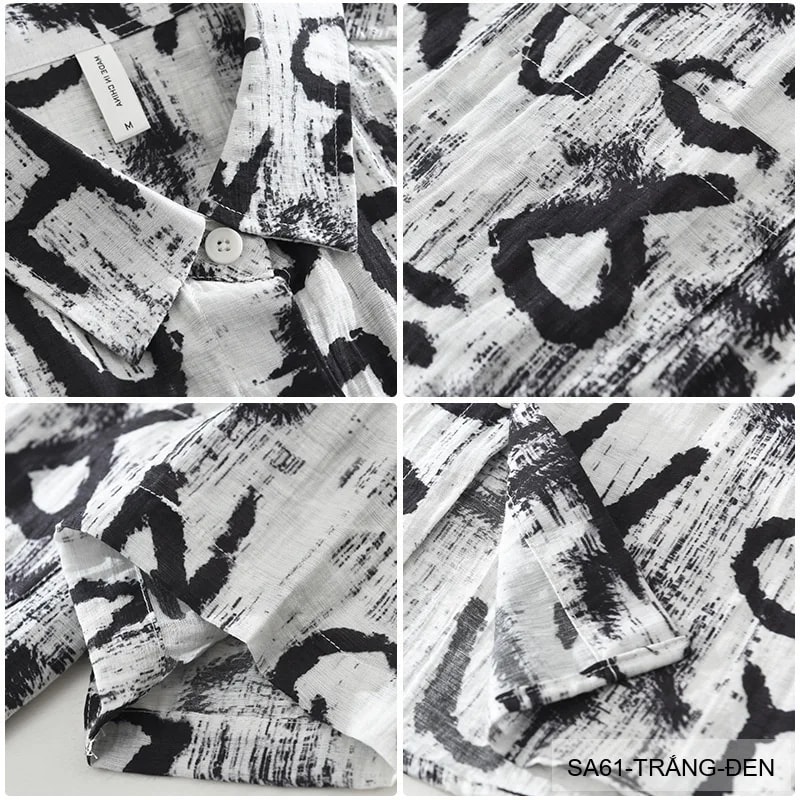 SA61 - Áo sơ mi nam tay ngắn in chữ nghệ thuật, form rộng, chất viscose mát mẻ, phối màu trắng đen - ảnh 7