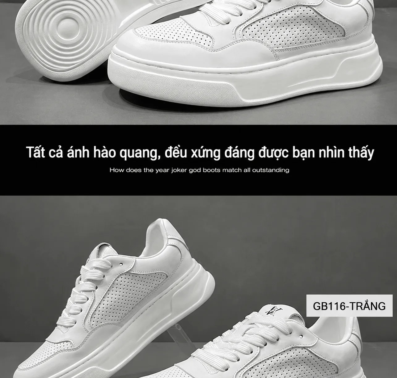 GB116 - Giày thể thao nam da thật đế dày, thoáng khí, phối màu trắng đen thời trang - ảnh 6