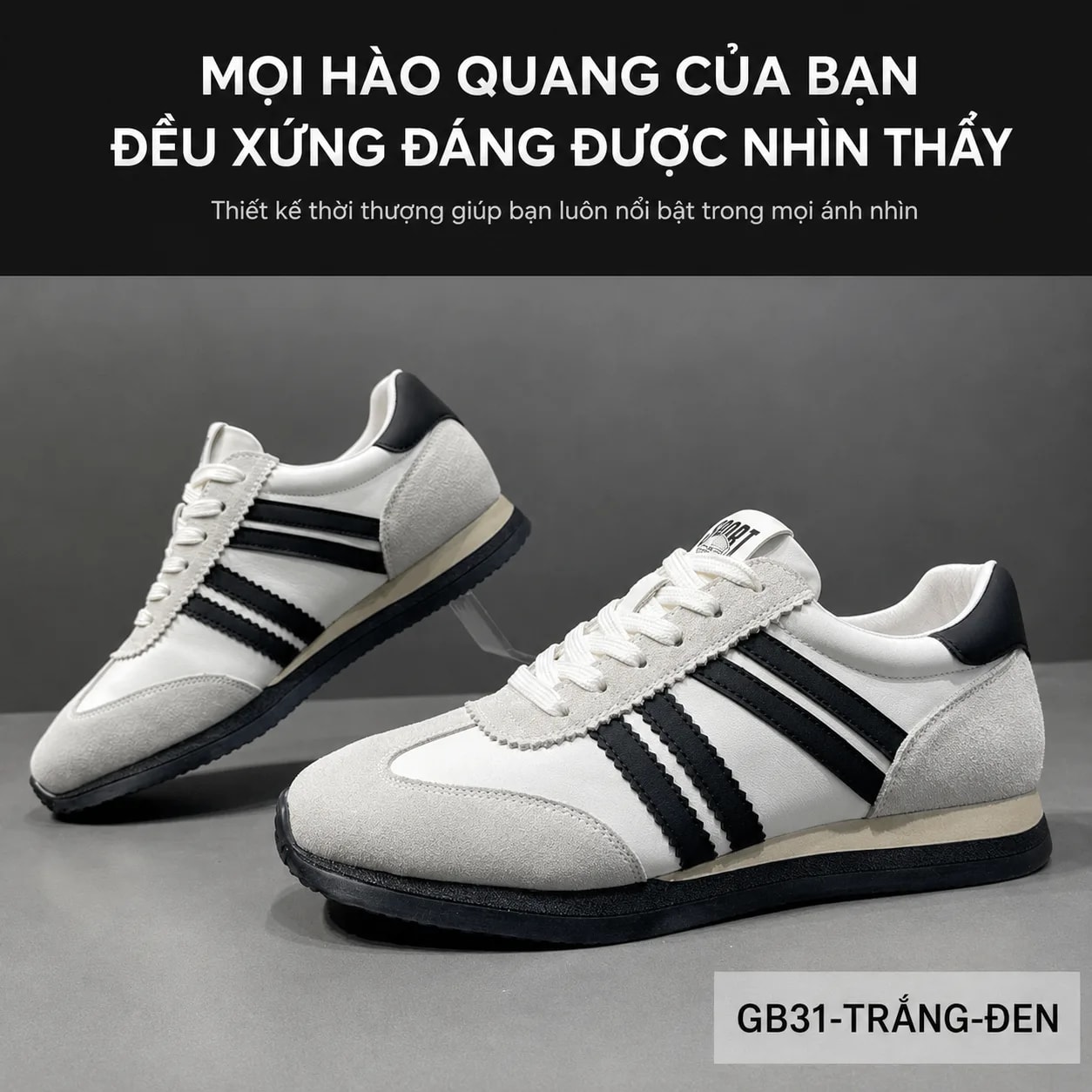 GB31 - Giày thể thao nam da thật kiểu dad shoes, đế bằng, thoáng khí, phối màu trắng đen kaki - ảnh 7
