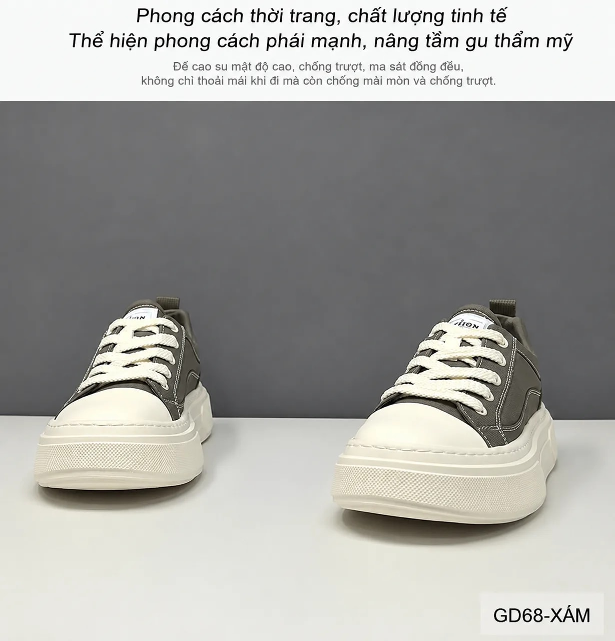 GD68 - Giày vải nam đế dày tăng chiều cao, phong cách retro thời thượng, màu Xám & Đen - ảnh 6