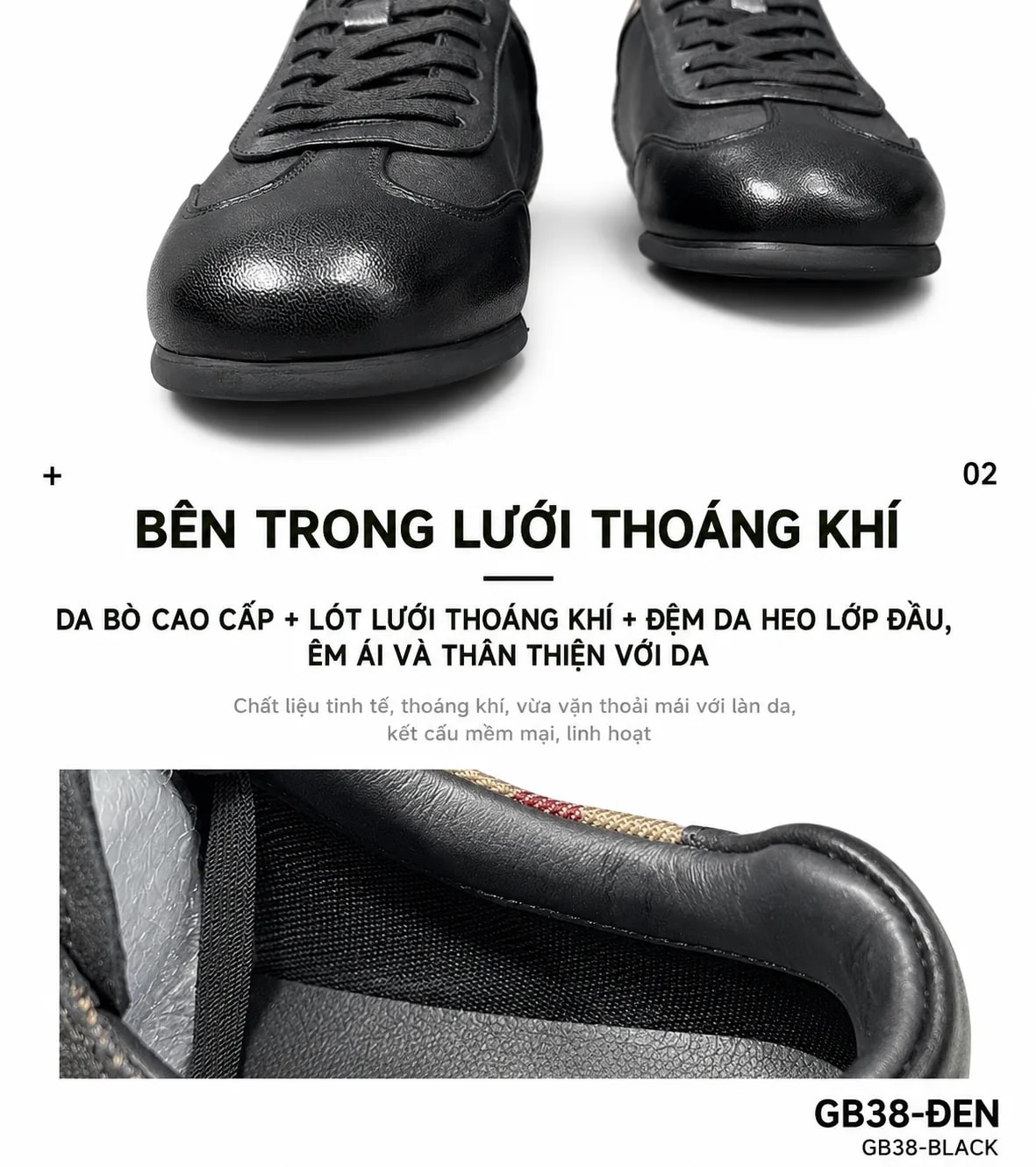 GB38 - Giày nam da thật thoáng khí kiểu thể thao thời trang mũi tròn đế bằng màu đen - ảnh 9