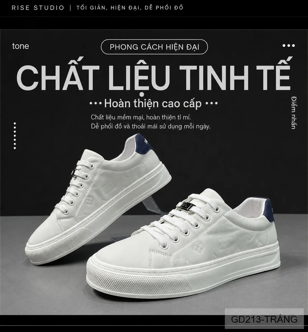 GD213 - Giày thể thao nam da bò cao cấp đế dày thoáng khí, kiểu dáng châu Âu, trắng đen sang trọng - ảnh 8