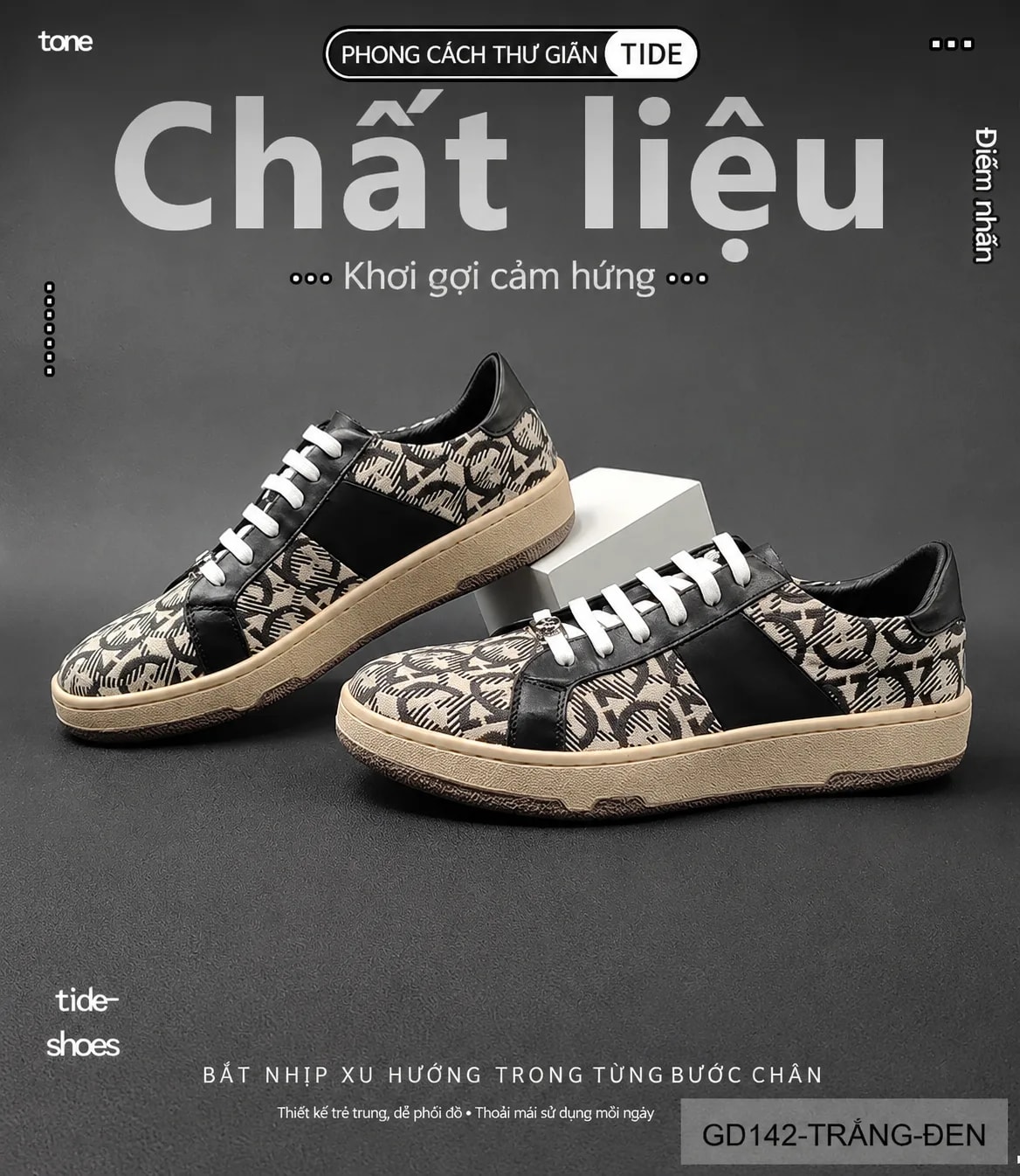 GD142 - Giày thể thao nam thời trang họa tiết logo, đế thấp êm chân, phối màu trắng đen - ảnh 12