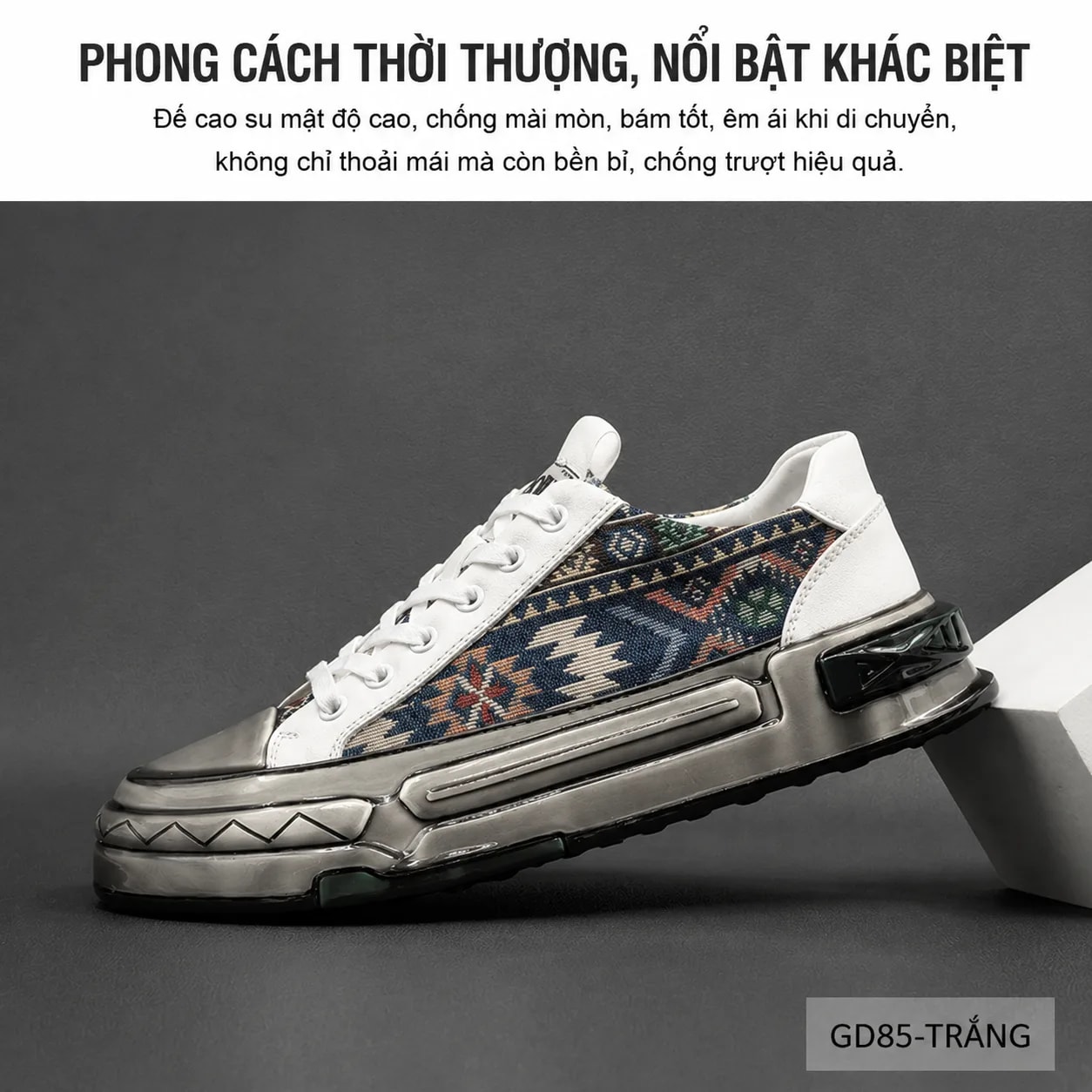 GD85 - Giày Thể Thao Nam Đế Dày Phong Cách Retro, Chất Liệu Da Bò & Vải, Màu Trắng Đen - ảnh 6