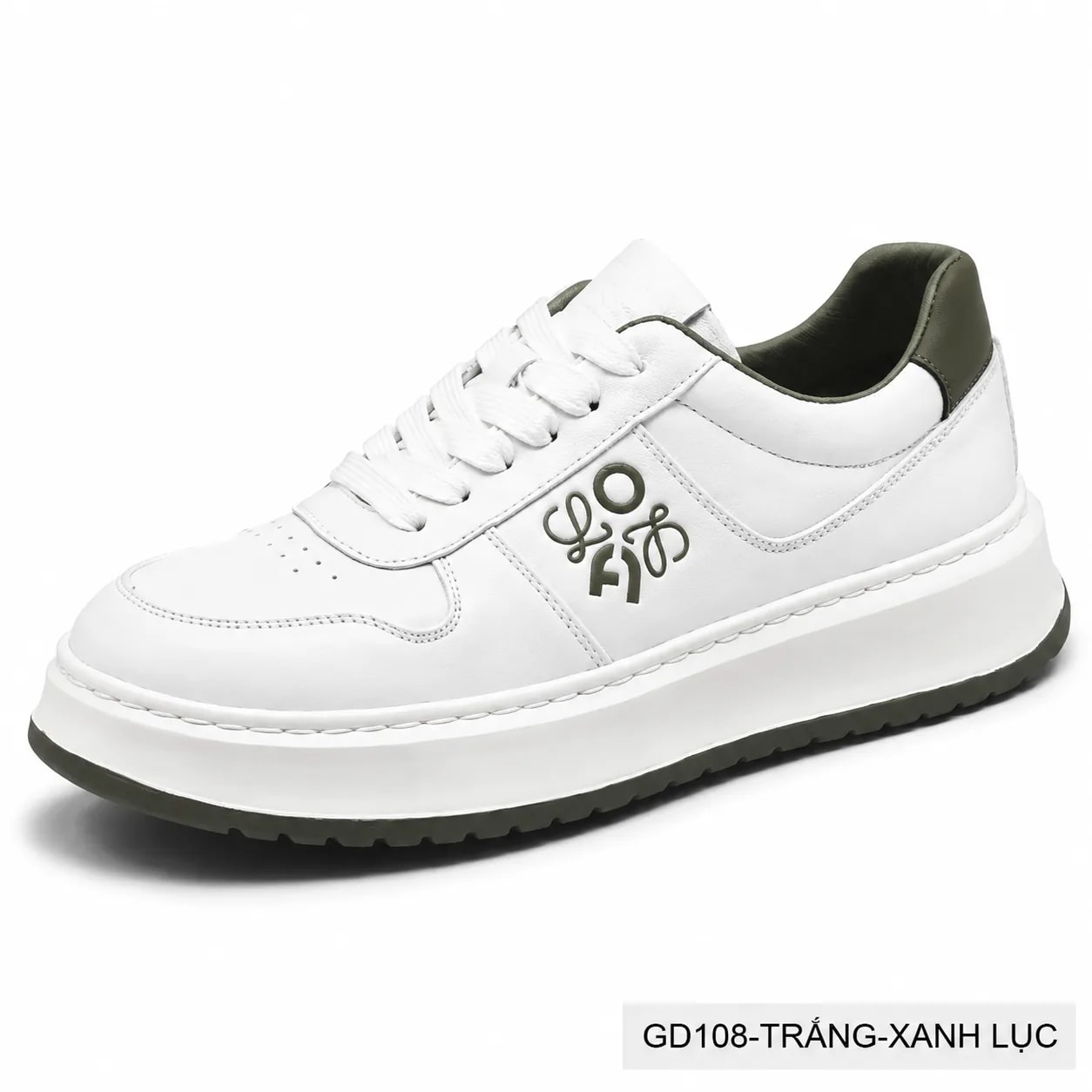 GD108 - Giày thể thao nam da bò thật đế trắng phối màu xanh lục và đen
