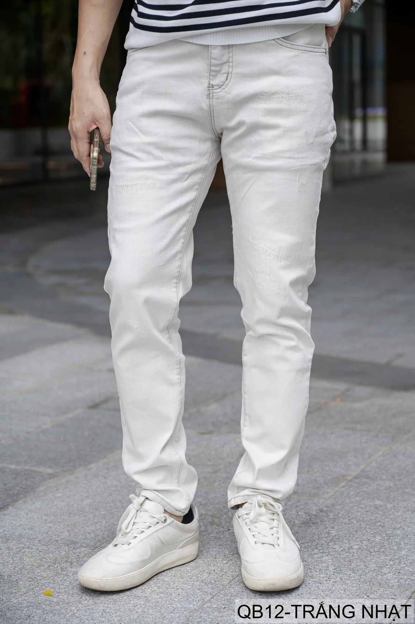 QB12 - Quần Jeans Nam Dáng Ôm Màu Trắng Nhạt Phong Cách Casual Co Giãn Thoải Mái