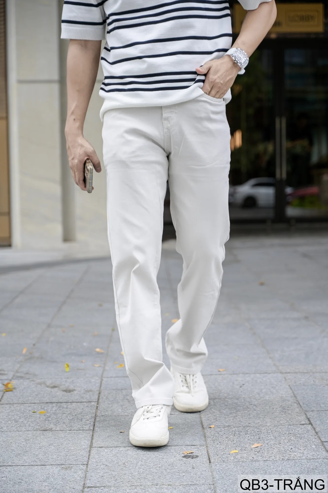QB3 - Quần jeans nam ống rộng trắng phong cách retro Mỹ, chất cotton mềm mại, form suông thoải mái