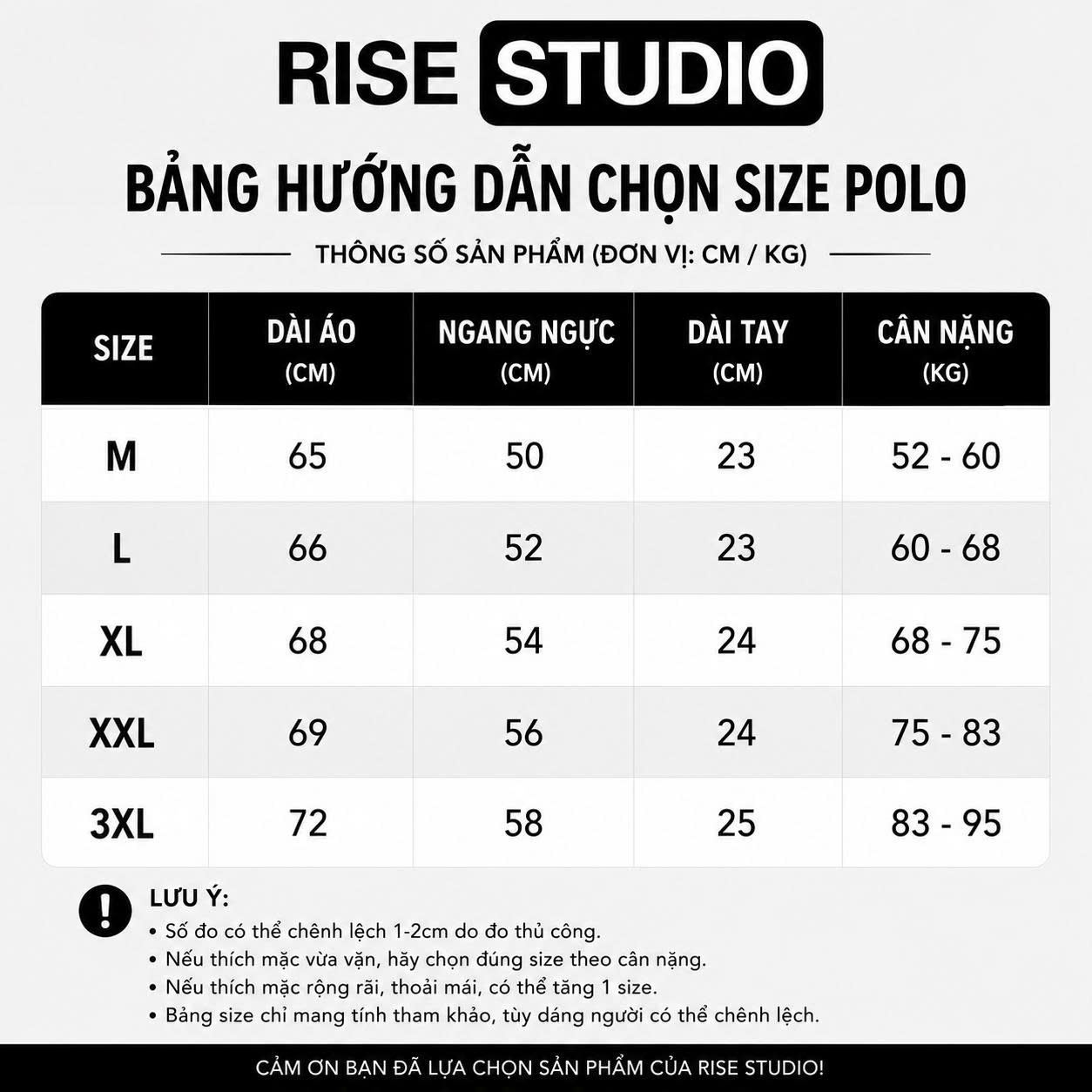 Bảng hướng dẫn chọn size áo Polo Rise Studio