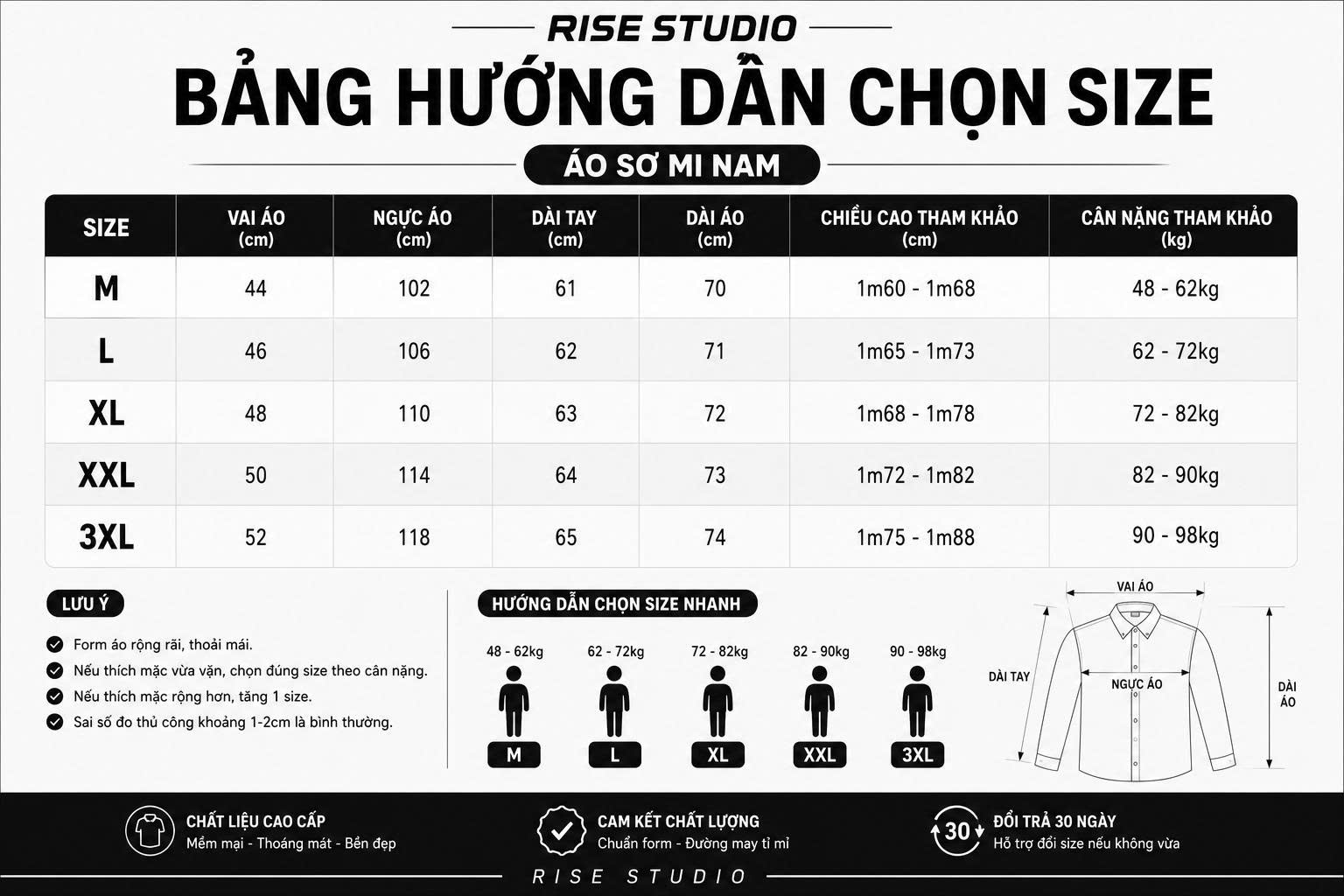 Bảng hướng dẫn chọn size áo Sơ mi Rise Studio