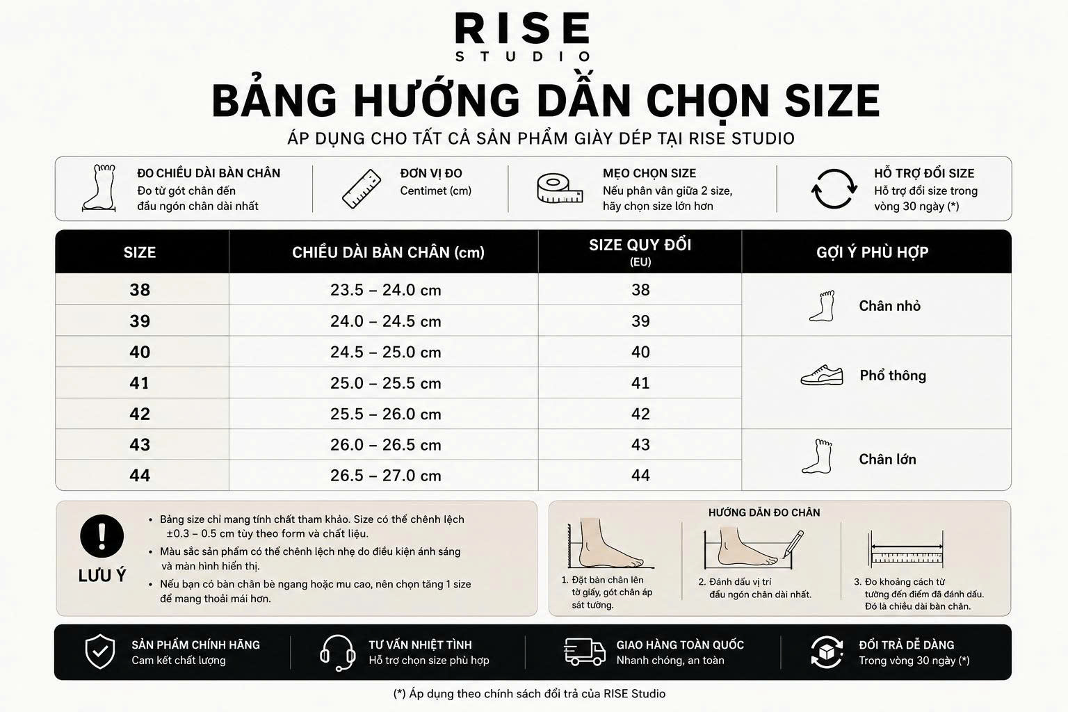 Bảng hướng dẫn chọn size giày dép Rise Studio